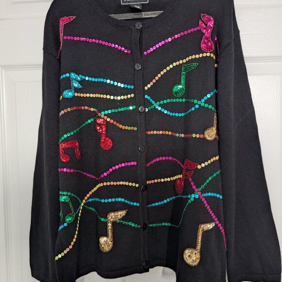 Terazzo Sequin Music Notes Cardigan Womens Size XL Black Vintage Sweater - Picture 2 of 10